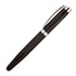 A metal rollerball pen in black with silver accents and a sleek, hexagonal design. It features a clip and branding.