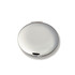 A silver compact mirror with a sleek, reflective surface and a clasp closure.