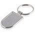 A silver keyring with a polished surface and a round attachment loop. It features a rectangular tag design.