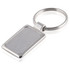 A silver keyring with a rectangular, brushed metal tag and a circular ring for attaching keys.
