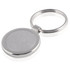 A silver keyring featuring a circular design with a smooth, brushed metal surface and a simple ring attachment.