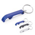 A drink bottle opener keyring in blue, black, and silver, featuring a circular keyring attachment.