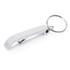 A drink bottle opener keyring in shiny silver metal with a circular keyring attachment.