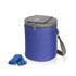 A blue cooler bag with a grey lid and two blue ice packs beside it. Features a shoulder strap and a logo.