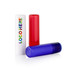 Three lip balm tubes in white, red, and blue, featuring a logo on the white tube.