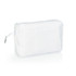 A white toiletries bag featuring a zip closure and a front pocket. It has a logo on one side.