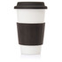 A ceramic coffee travel mug in white with a black lid and silicone sleeve. Features a logo.