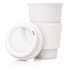 A drink bottle with a white ceramic body, featuring a matching lid and silicone sleeve for grip. It has a logo.