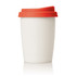 A drink bottle with a white ceramic body and a red silicone lid, featuring a logo. It has a capacity of 270ml.