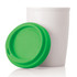 A drink bottle featuring a white ceramic body and a green silicone lid. It has a logo on the lid.
