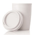 A drink bottle in white ceramic with a removable silicone lid. Includes a logo on the lid.