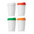 A drink bottle featuring a white ceramic body with orange, green, and red silicone lids. It has a logo.