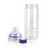 A drink bottle made of clear Tritan, featuring a blue screw cap and a removable bottom section.