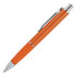 An orange ballpoint pen with a silver clip and textured grip, featuring a logo on the barrel.