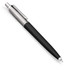 A metal ballpoint pen in black with a silver clip and accents, featuring a branding logo.