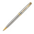 A metal ballpoint pen in brushed stainless steel with gold accents and a decorative clip.