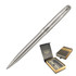 A metal ballpoint pen in brushed stainless steel, displayed with a black and gold presentation box.