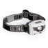 A headlamp with a white light casing and a black elastic strap featuring a geometric pattern.