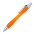 A plastic ballpoint pen in vibrant orange with silver accents and a textured grip. It features a clip for easy attachment.