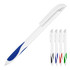 A ballpoint pen with a white body and blue grip, available in four additional colours: black, red, green, and blue.