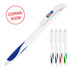 A ballpoint pen with a white barrel and coloured grips, featuring a logo, available in multiple colours: blue, black, green, and red.