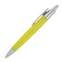 A yellow plastic ballpoint pen with a silver clip and tip, featuring a textured grip. The pen has a branded logo.