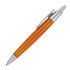 A ballpoint pen with a translucent orange barrel and silver accents. It features a clip and a metallic tip.