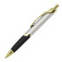 A metal ballpoint pen in silver and black, featuring gold accents and a clip, with branding visible on the body.