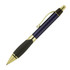 A metal ballpoint pen in navy blue with gold accents and a textured black grip, featuring a clip and branding.