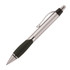 A metal ballpoint pen in silver with a black rubber grip and a clip. It features a branding logo.