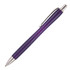 A ballpoint pen in purple with a silver clip and textured grip. Features a sleek, stylish design.
