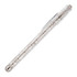 A silver ballpoint pen with a transparent barrel and a clip, featuring a silver-tone tip.