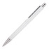 A ballpoint pen with a white barrel and silver trim, featuring a clip and a simple design. It has a logo on the side.
