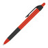 A ballpoint pen in solid red with a black grip and clip, featuring branding on the barrel.