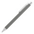 A ballpoint pen in a sleek grey finish with a silver clip and tip, featuring a branding logo.