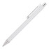 A white ballpoint pen with a silver clip and end. It features a sleek design and a logo.
