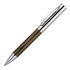 A metal ballpoint pen with a grey and brown wood body and silver accents. It features a clip and shiny finish.
