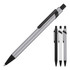 A metal ballpoint pen in silver and black, accompanied by two additional pens in black and white.
