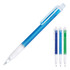 A blue plastic ballpoint pen with a transparent barrel, featuring a white grip and clip, alongside green and blue variants.