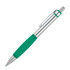 A metallic ballpoint pen with a silver body and a green rubber grip, featuring a clip and a sleek design.