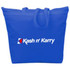 A blue tote bag with two handles and a logo on the front.