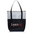 A tote bag featuring a grey crosshatch design and a black base, with a logo on the front.