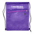 A purple drawstring bag featuring a textured design and a zippered front pocket, with a logo on the top.