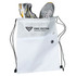 A white drawstring bag with a logo, holding a pair of grey and yellow sports shoes.