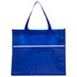 A blue shopping tote bag with a wave-patterned top section and a white horizontal stripe, featuring a logo.