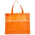 An orange shopping tote bag with a textured design and a white stripe across the middle. It has two handles and a logo.