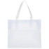A white shopping tote bag featuring a textured design and two sturdy handles. It has a subtle logo on one side.