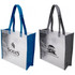 A tote bag in blue and grey with a transparent body and branding on both sides.