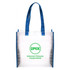 A transparent tote bag with blue handles and a logo in green at the centre.