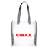 A transparent tote bag featuring grey handles and a prominent logo in red.